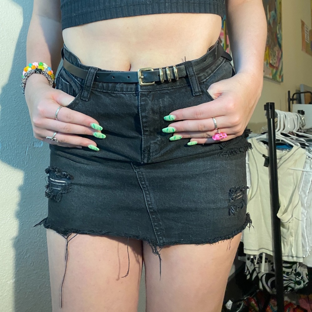 distressed black denim hippie laundry skirt